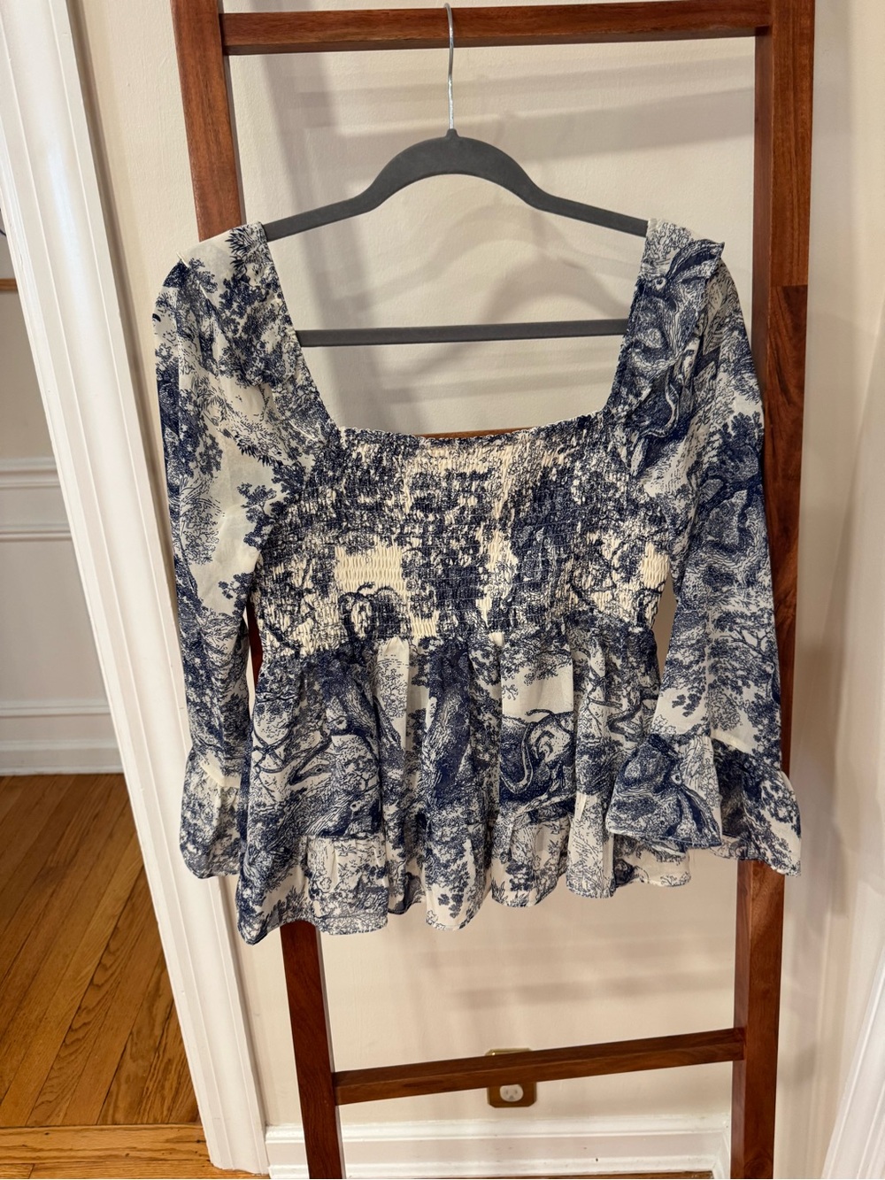 Never worn! moodie Navy and White Smocked Peplum Blouse